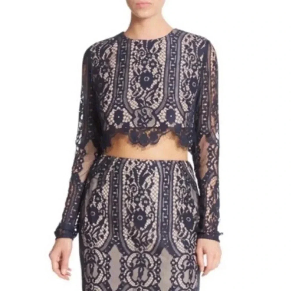Revolve StyleStalker Vivid Lace Long Sleeve Crop Top Navy Blue Womens Medium